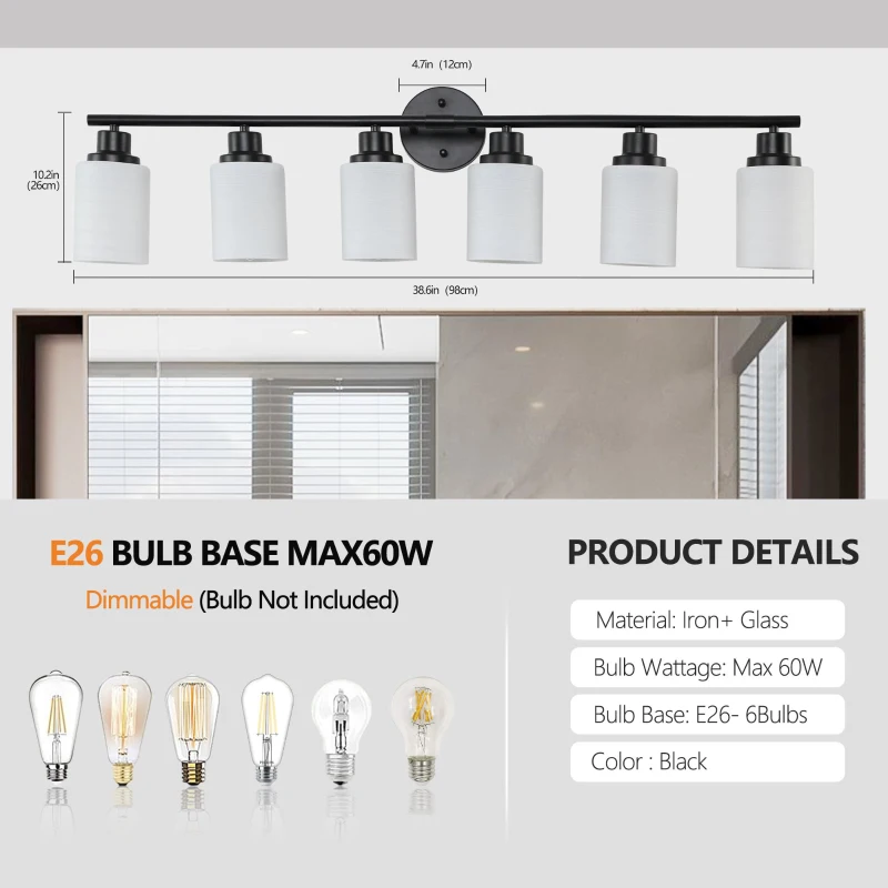 39" Modern 6-Light Vanity Light with Iron Frame, Frosted Glass, Wall Sconce for Bathroom, Dressing Room, 39" L x 6.5" W x 10" H, Black+White