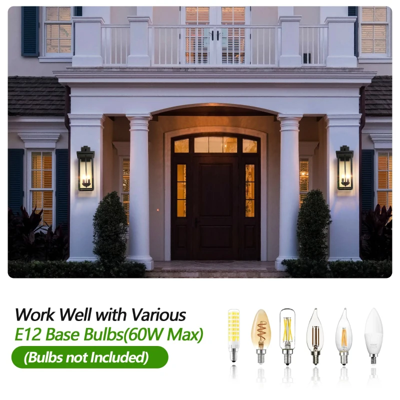 Outdoor Wall Lantern with Dusk to Dawn Sensor, Weatherproof Dual-Light Design, Clear Glass Panels, 8" L x 9.5" W x 22" H, Black