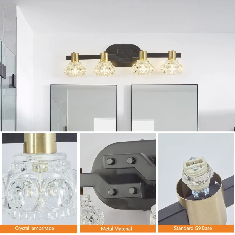 23.5" Vintage 4-Light Wall Sconce with Crystal Shades, Iron Finish, Vanity Light Fixture for Bathroom, Hallway, 23.5" L x 5.5" W x 5" H, Black+Gold