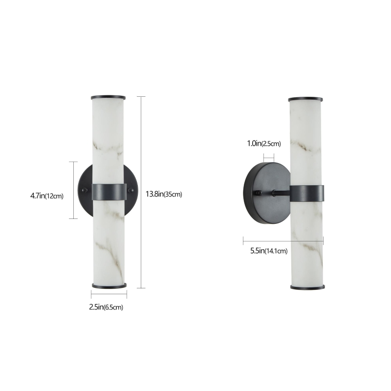 Set of 2 Resin Marble Texture Wall Lights with Iron Metal Frame, Elegant Lighting Fixtures for Hallways, Bedrooms, 5" L x 5.5" W x 14" H, Black