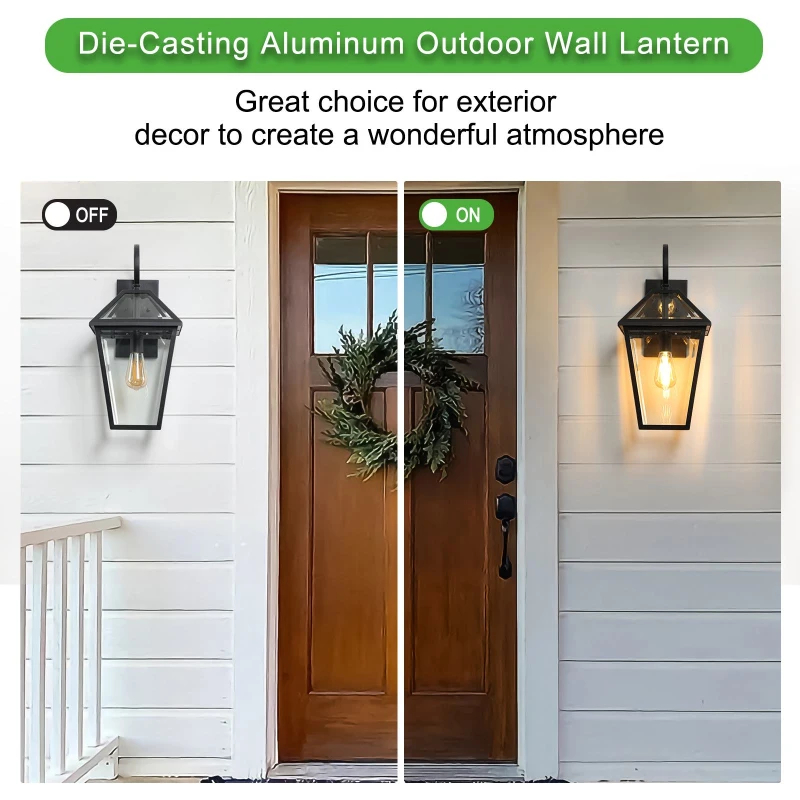 21" Outdoor Wall Lantern Light 2-Pack with Weather Resistant, Modern Metal, Glass Sconce for Porch and Patio, 24" L x 10" W x 21" H, Black