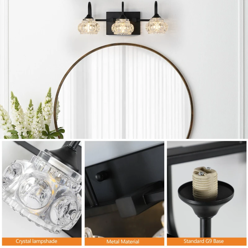 Retro 3-Light Bathroom Wall Sconce with Crystal Glass Shades, Metal Bracket, Wall Mounted Vanity Light Fixture, 17.5" L x 7" W x 6.5" H, Black