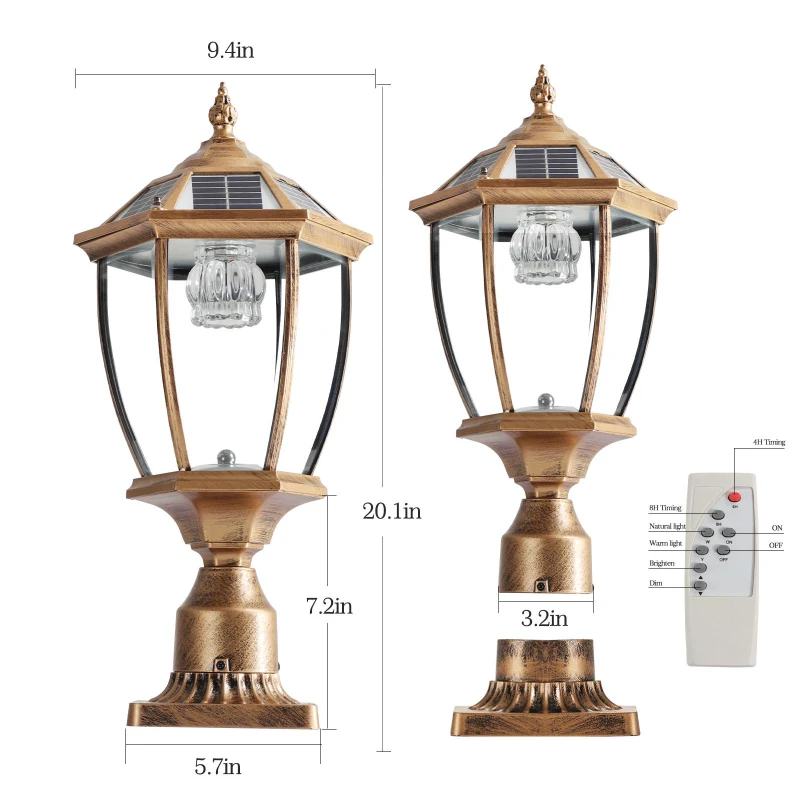 Solar Powered LED Outdoor Lantern with Elegant Glass Design, Vintage Garden Light for Pathways, Yards, Patios, 9.5" L x 9.5" W x 20" H, Bronze