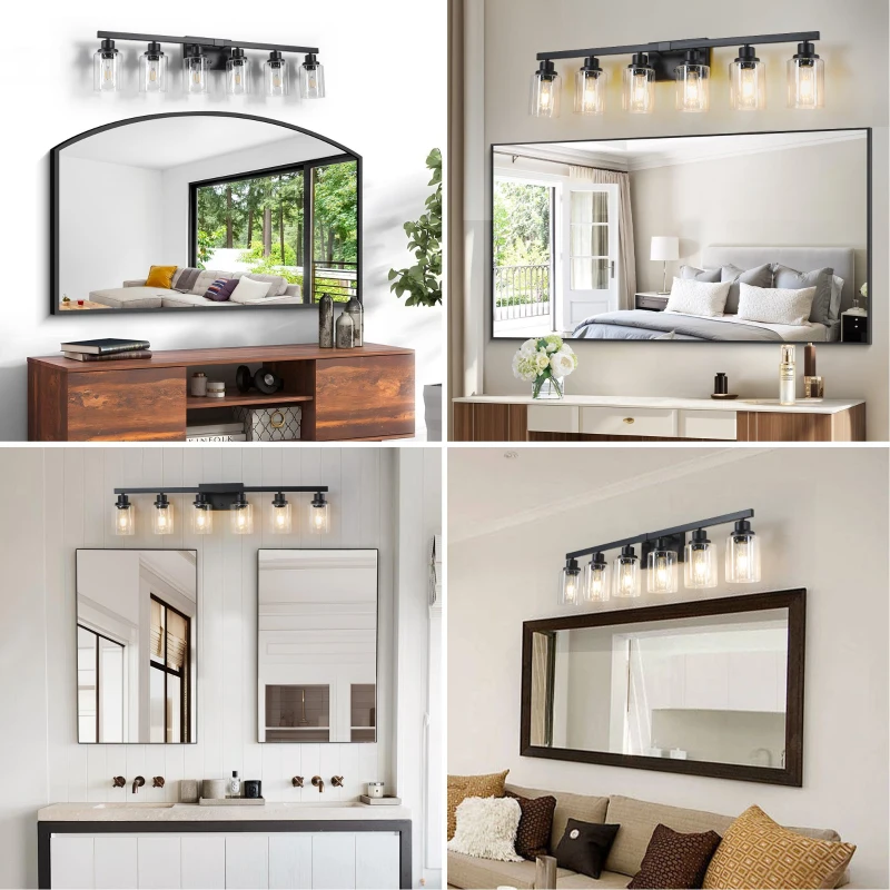37" Modern 6-Light Bathroom Vanity Light Fixture with Clear Glass Shades, Ideal for Bathroom, Dressing Area, 37" L x 6" W x 9" H, Black