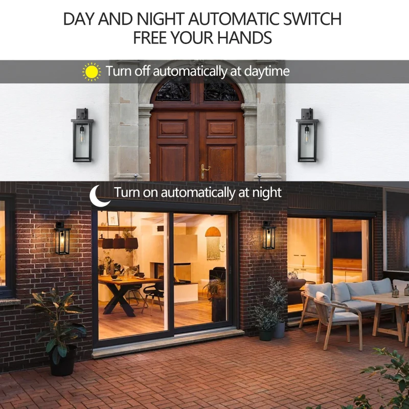 Set of 2 Modern Outdoor Wall Lanterns with Clear Glass, Ambient Light Sensors, Weatherproof Design, 9" L x 9.5" W x 20" H, Black