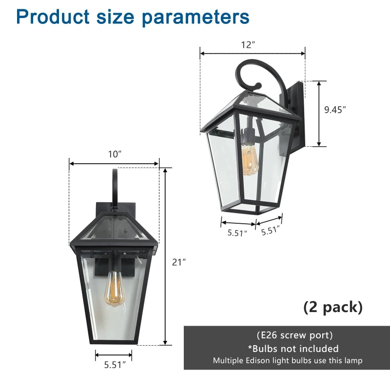 21" Outdoor Wall Lantern Light 2-Pack with Weather Resistant, Modern Metal, Glass Sconce for Porch and Patio, 24" L x 10" W x 21" H, Black