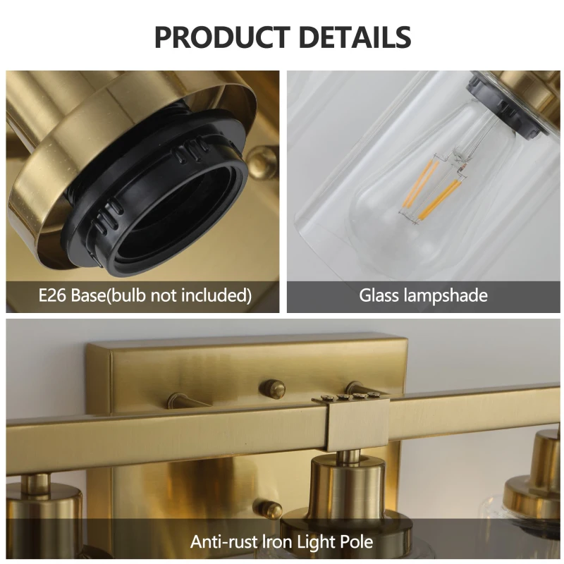 31" 5-Light Vanity Light with Clear Glass Shades, Easy Installation, Modern Iron Bathroom Wall Fixture for Mirror, 31" L x 6" W x 9" H, Golden