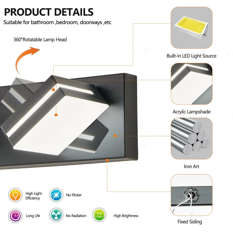 Modern Energy-Efficient 6-Light Wall Sconce with Geometric Design, LED Vanity Light for Bathroom, Makeup Areas, 47" L x 4.5" W x 5" H, Black