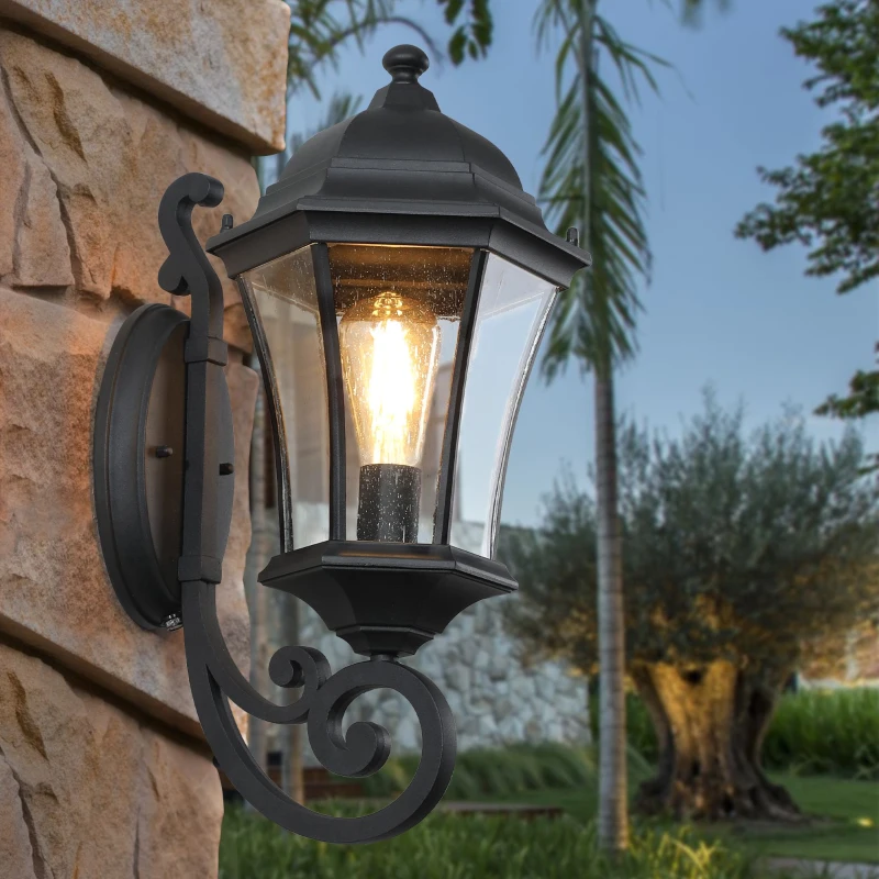 Vintage Wall-Mounted Outdoor Lantern Light with Weather-Resistant, Aluminum Sconce for Porch, Patio, 11" L x 9.5" W x 19.5" H, Black