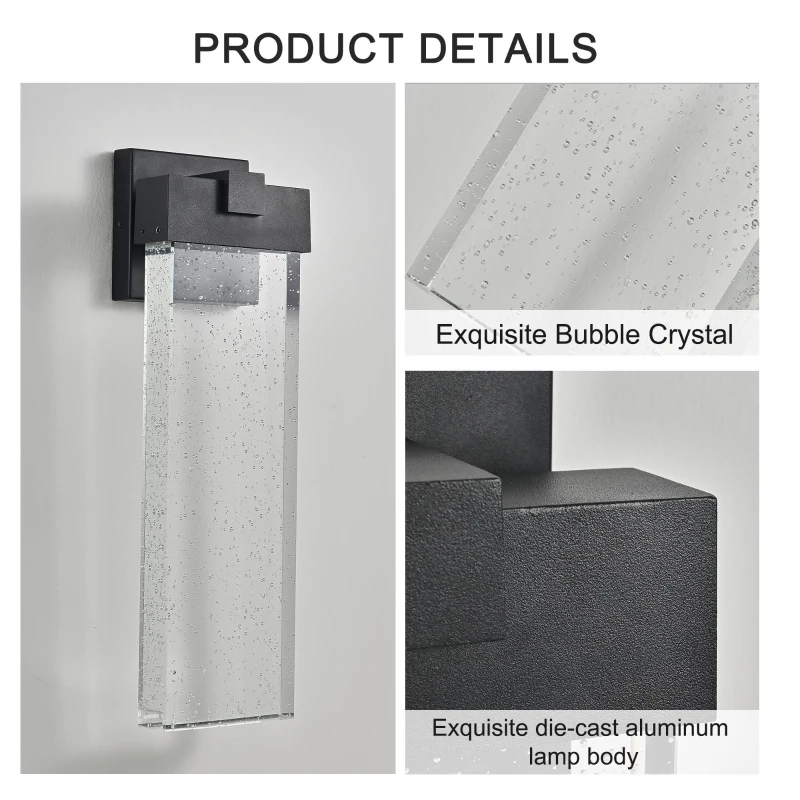 Modern Outdoor Wall Light Fixture with Bubble Crystal, Weatherproof LED Wall Sconce, Up and Down Lighting, 4" L x 5.5" W x 18" H, Black