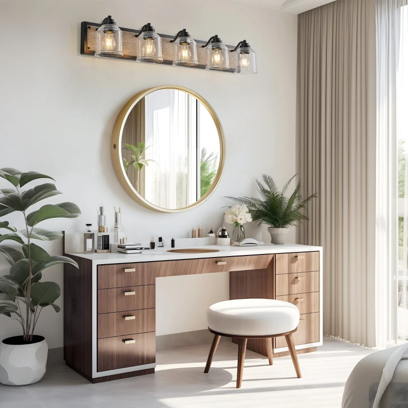 40" Farmhouse 5-Light Bathroom Wall Sconce with Clear Seeded Glass Shades, Modern Industrial Vanity Light Fixture, 40" L x 7" W x 7" H, Black