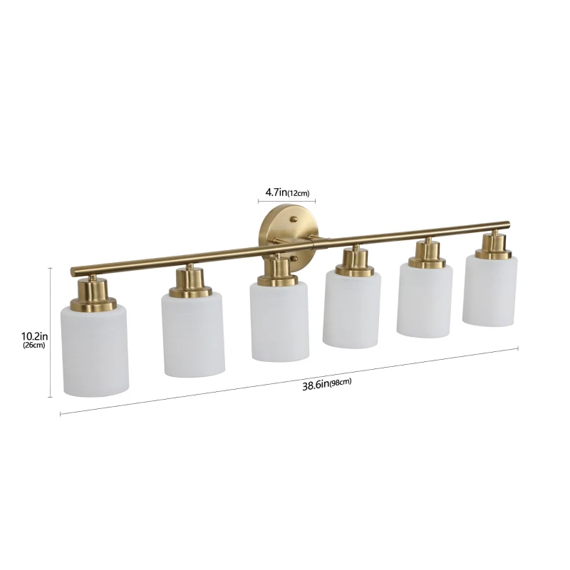 38.5" Modern 6-Light Vanity Wall Sconce with Frosted Glass Shades, Golden Finish, Easy Installation, 38.5" L x 6.5" W x 10" H, Gold