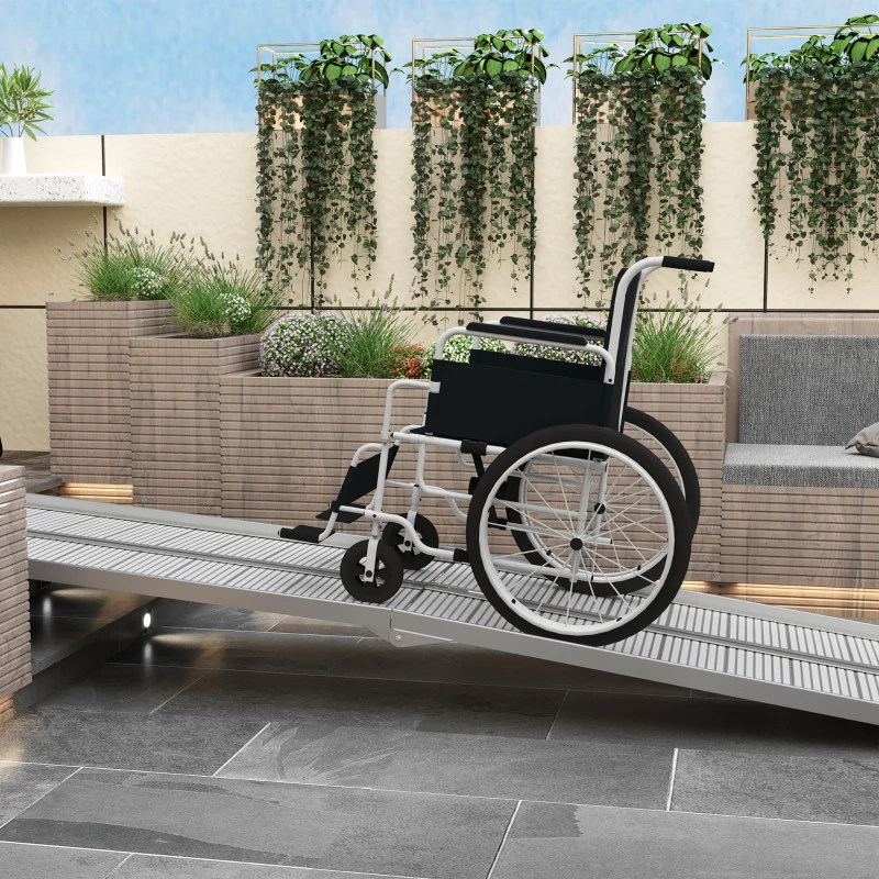 HOMCOM 10' Foldable Handicap Ramp for Home, Steps, Doorways, Aluminum Portable Wheelchair Ramp, Textured Threshold Ramp, Silver(m-8)