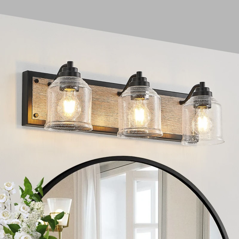 23" Farmhouse 3-Light Wall Sconce with Seeded Glass Shades, Vanity Light Fixture with Antique Wood Grain Finish, 23" L x 7" W x 7" H, Black