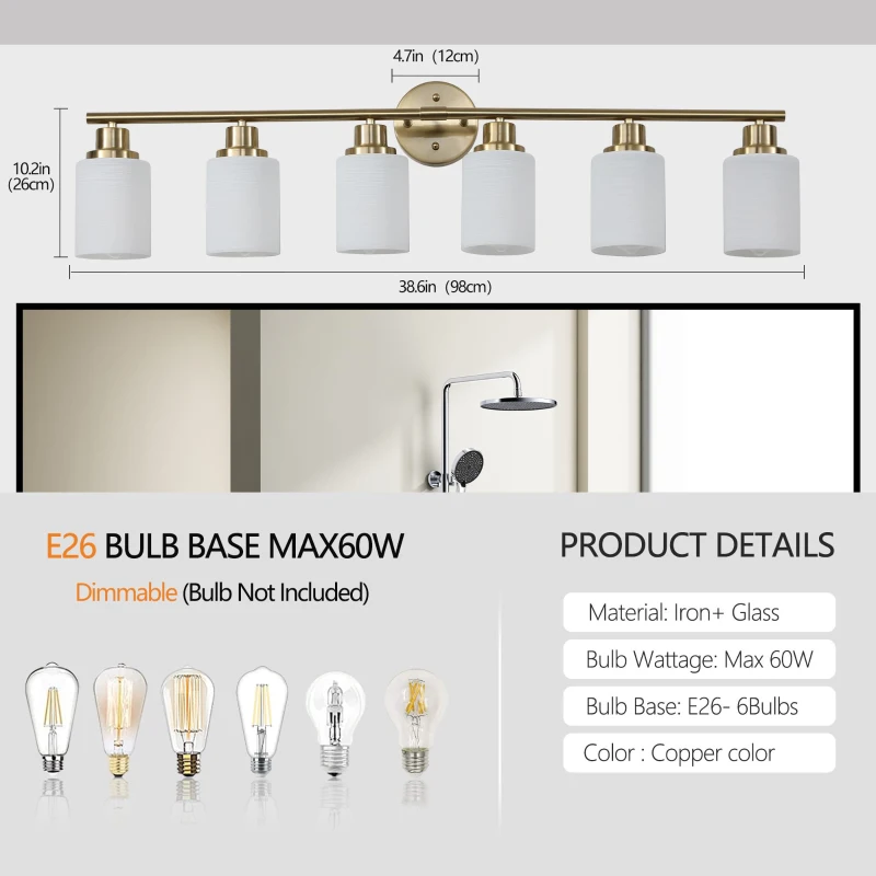 38.5" Modern 6-Light Vanity Wall Sconce with Frosted Glass Shades, Golden Finish, Easy Installation, 38.5" L x 6.5" W x 10" H, Gold