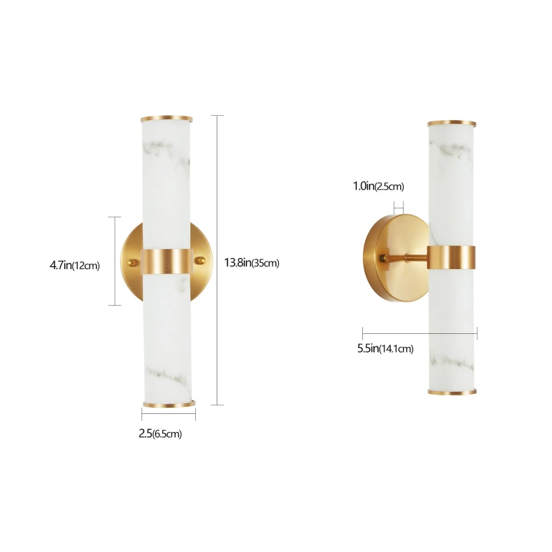 Set of 2 Resin Wall Sconces with Gold Accents, Easy Installation, Indoor Vertical Light Fixture with Marble Texture, 5" L x 5.5" W x 14" H, Gold