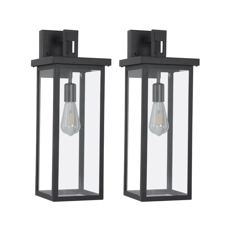 Set of 2 Modern Outdoor Wall Lanterns with E26 Bulb Compatible, Weatherproof Black Metal Frame with Clear Glass, 9" L x 9.5" W x 20" H, Black