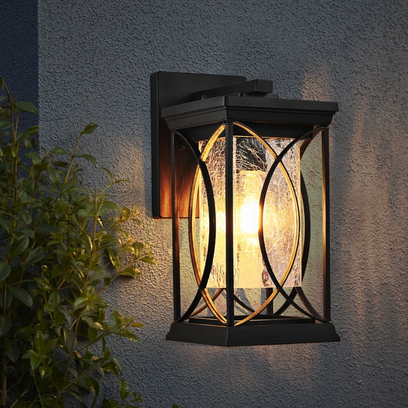 Outdoor Wall Lantern with Crackled Glass, Weather-Resistant Exterior Light Fixture for Porch, Patio, Entryway, 6.5" L x 8.5" W x 14" H, Black