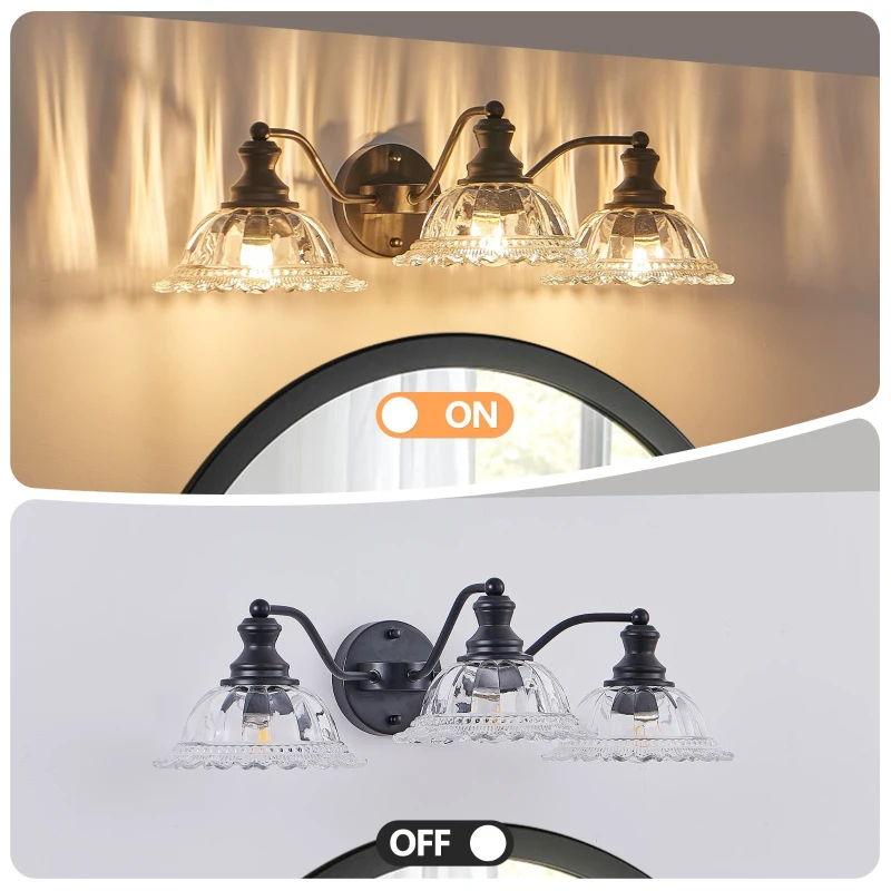 24" Vintage 3-Light Wall Sconce with Clear Glass Lampshades, Vanity Fixture for Bathroom, Hallway, Bedroom, 24" L x 12" W x 8" H, Black