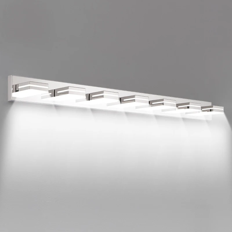 Energy-Efficient 7-Light Wall Sconce with Geometric Lamp Heads, Chrome LED Vanity Light for Bathroom, Mirror, 55" L x 4.5" W x 5" H, Silver