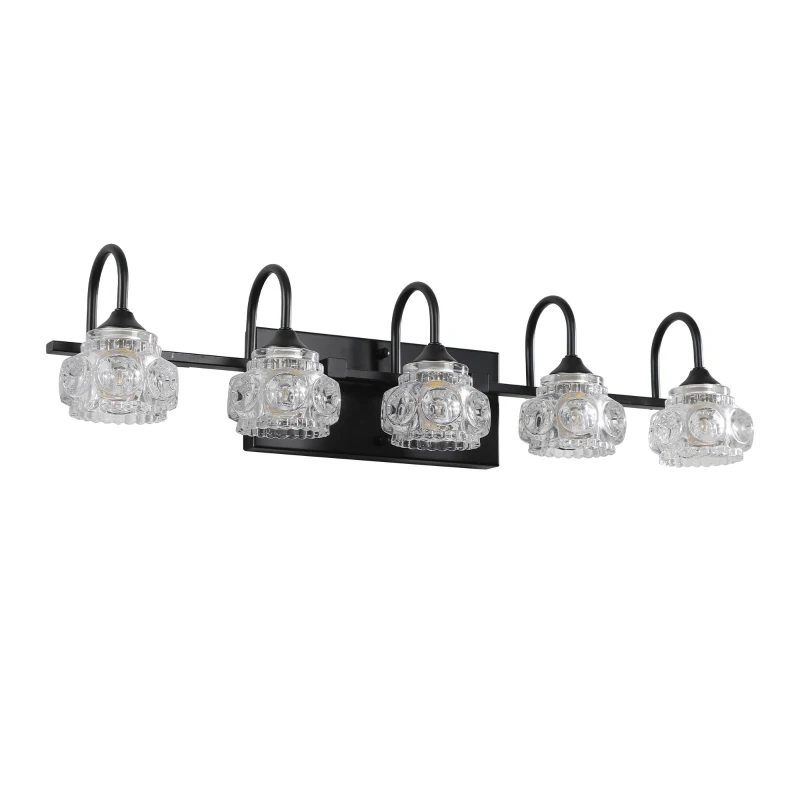 Retro 5-Light Vanity Light Fixture with Crystal Glass Shades, Metal Bracket, Perfect for Bathroom, Dressing Room, 29" L x 7" W x 6.5" H, Black