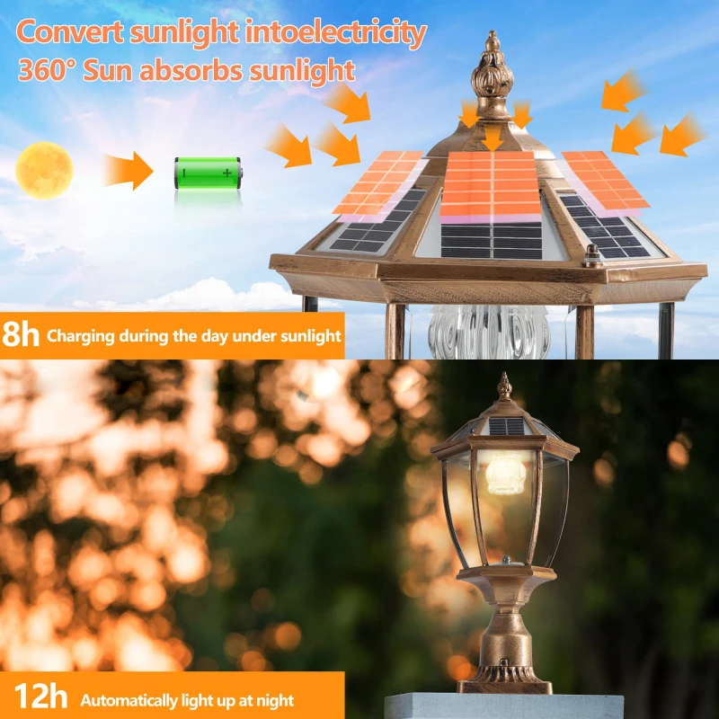 Solar Powered LED Outdoor Lantern with Elegant Glass Design, Vintage Garden Light for Pathways, Yards, Patios, 9.5" L x 9.5" W x 20" H, Bronze