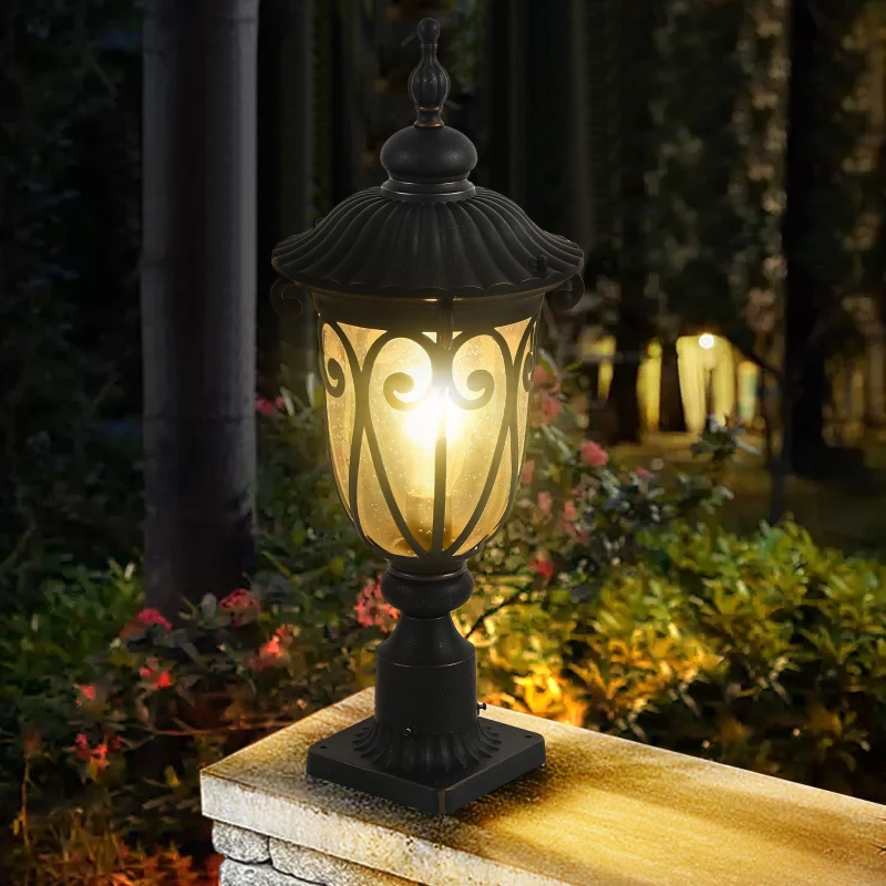 Vintage Outdoor Post Lantern with Bubble Glass, Waterproof Aluminum Lamp Post Light, Quick Installation, 9.5" L x 9.5" W x 24" H, Black