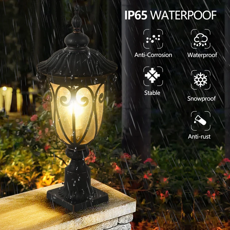 Vintage Outdoor Post Lantern with Bubble Glass, Waterproof Aluminum Lamp Post Light, Quick Installation, 9.5" L x 9.5" W x 24" H, Black