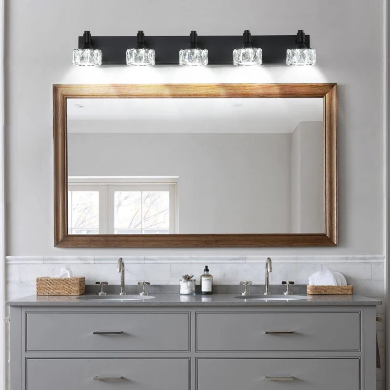 Modern 5-Light LED Vanity Light Fixture with Crystal Glass Shades, Matte Black Bathroom Wall Sconce, 36" L x 8" W x 5" H, Black