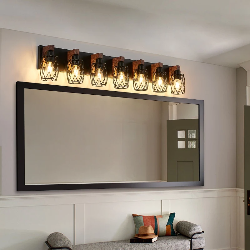 Industrial 7-Light Wall Sconce with Metal Wire Cage Shades, Wooden Accents, Ideal for Bathroom, Hallway, 44" L x 6" W x 8.5" H, Walnut+Black