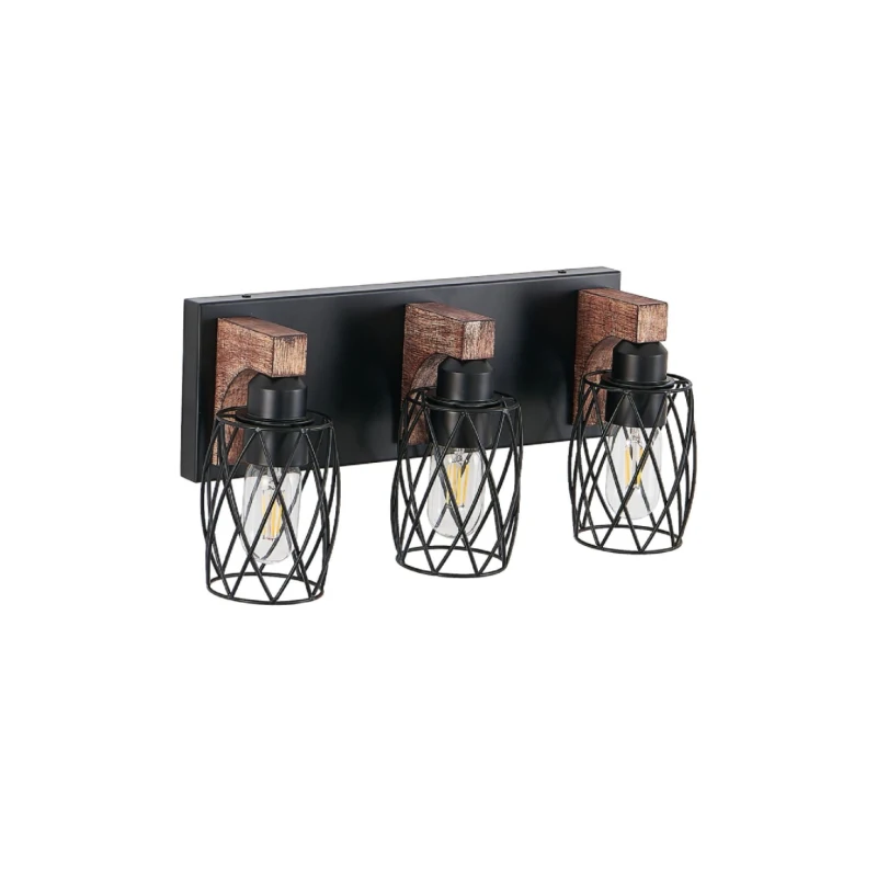 Industrial 3-Light Wall Sconce with Wooden Accents, Cage Wall Lighting Fixture for Bathroom, Hallway, 17.5" L x 6" W x 8.5" H, Walnut+Black