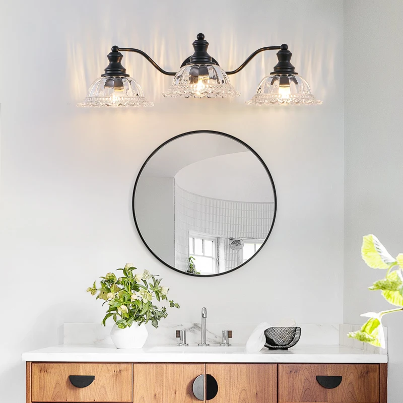 24" Vintage 3-Light Wall Sconce with Clear Glass Lampshades, Vanity Fixture for Bathroom, Hallway, Bedroom, 24" L x 12" W x 8" H, Black