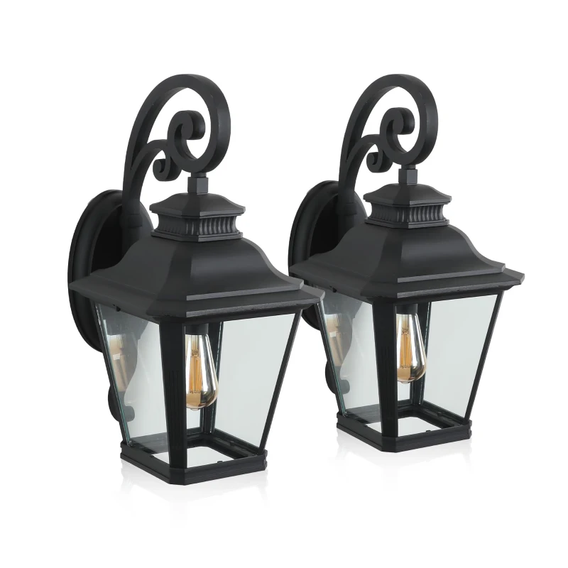 14" Outdoor Wall Lanterns 2-Pack with Clear Glass Panels, Vintage Exterior Light Fixture for Porch, Patio, Garden, 14" L x 11" W x 21" H, Black