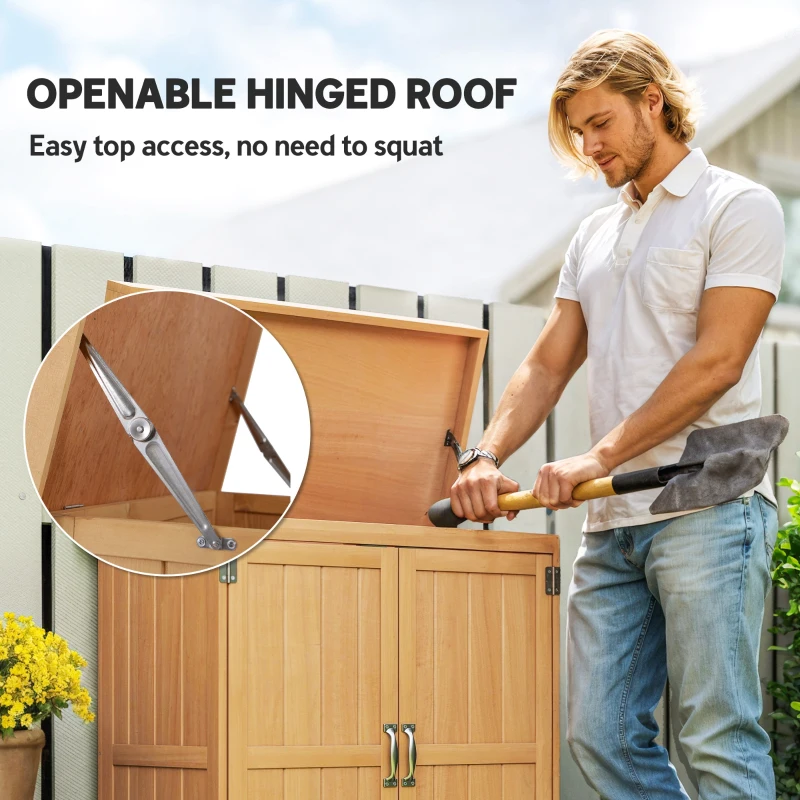 Outsunny Wooden Garden Tool Storage Shed Kit with Hinged Roof, 2-Tier Shelves and Double Doors, 74x43x88cm, Natural Wood