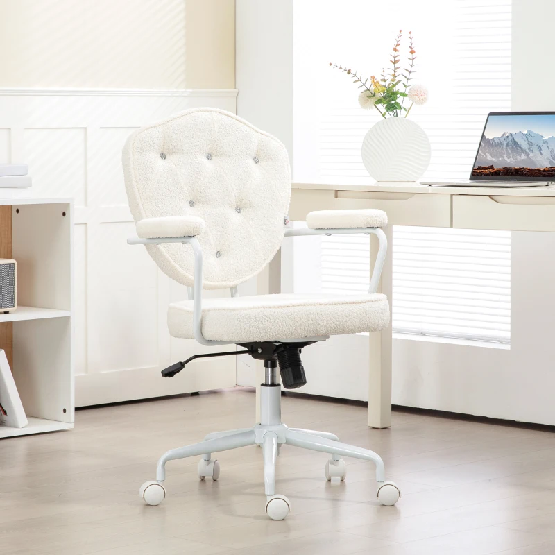 HOMCOM Cute Office Chair, Desk Chair with Button Tufted Teddy Bear Fleece, Swivel Computer Vanity Chair, Cream White