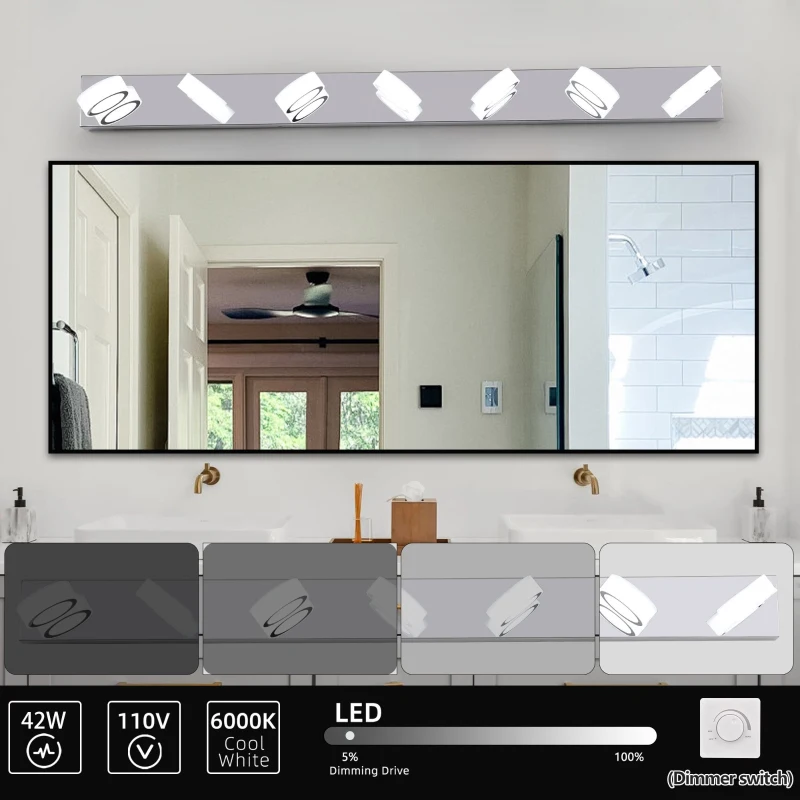 52" Modern 7-Light LED Vanity Light Fixture with Acrylic Shades, Dimmable Bathroom Wall Sconce, 52" L x 5" W x 4.5" H, Chrome
