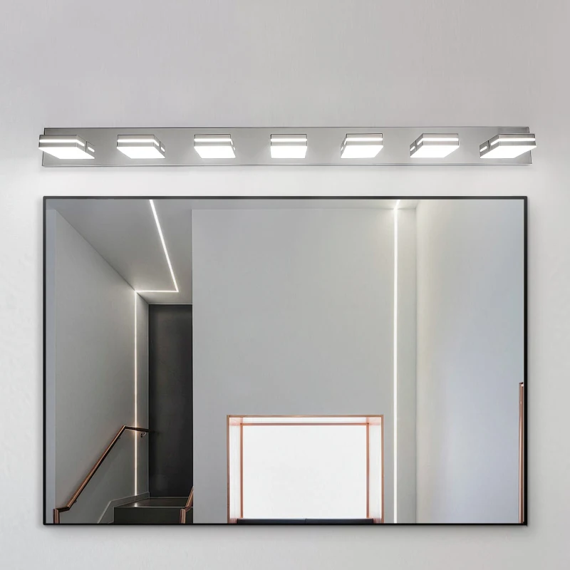 Energy-Efficient 7-Light Wall Sconce with Geometric Lamp Heads, Chrome LED Vanity Light for Bathroom, Mirror, 55" L x 4.5" W x 5" H, Silver