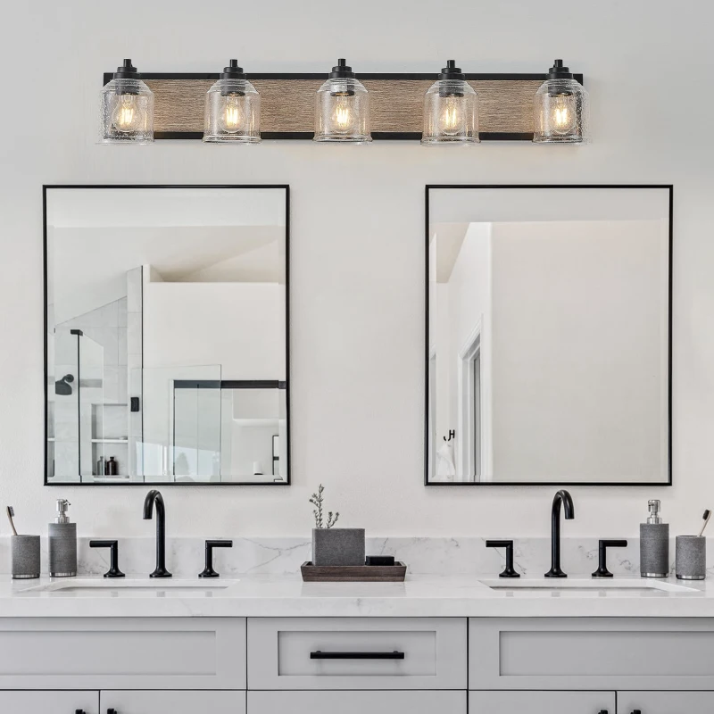 40" Farmhouse 5-Light Bathroom Wall Sconce with Clear Seeded Glass Shades, Modern Industrial Vanity Light Fixture, 40" L x 7" W x 7" H, Black