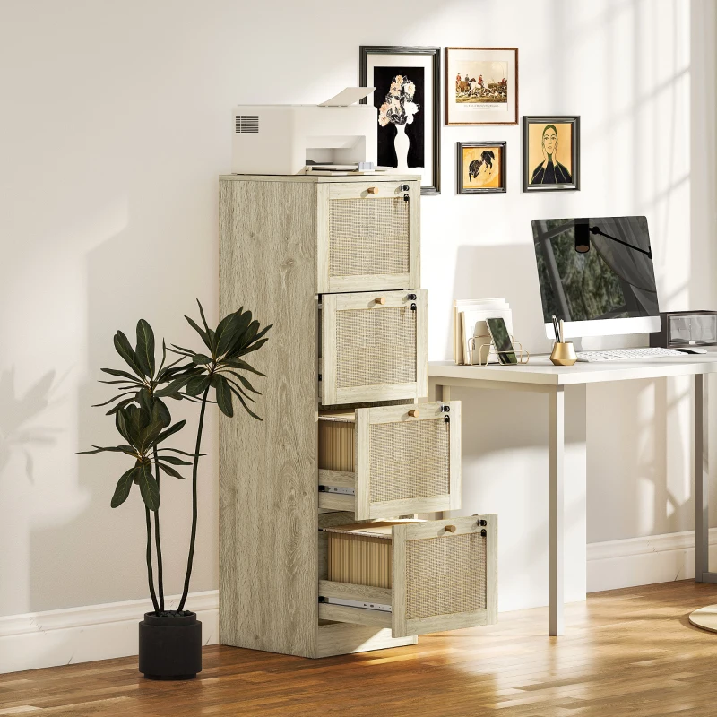 HOMCOM 4 Drawer Filing Cabinet with Lock, Boho File Cabinet for A4 Letter Size Files with Decorative Rattan Accents, Oak