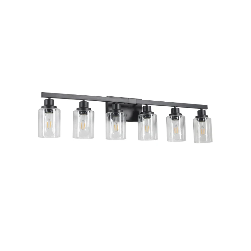 37" Modern 6-Light Bathroom Vanity Light Fixture with Clear Glass Shades, Ideal for Bathroom, Dressing Area, 37" L x 6" W x 9" H, Black