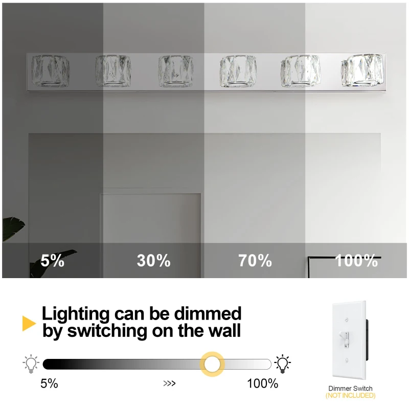 Modern 6-Light LED Wall Sconce with Clear Crystal Shades, Built-In LED Lighting, Elegant Bathroom Vanity Light, 41" L x 4.5" W x 4.5" H, Silver