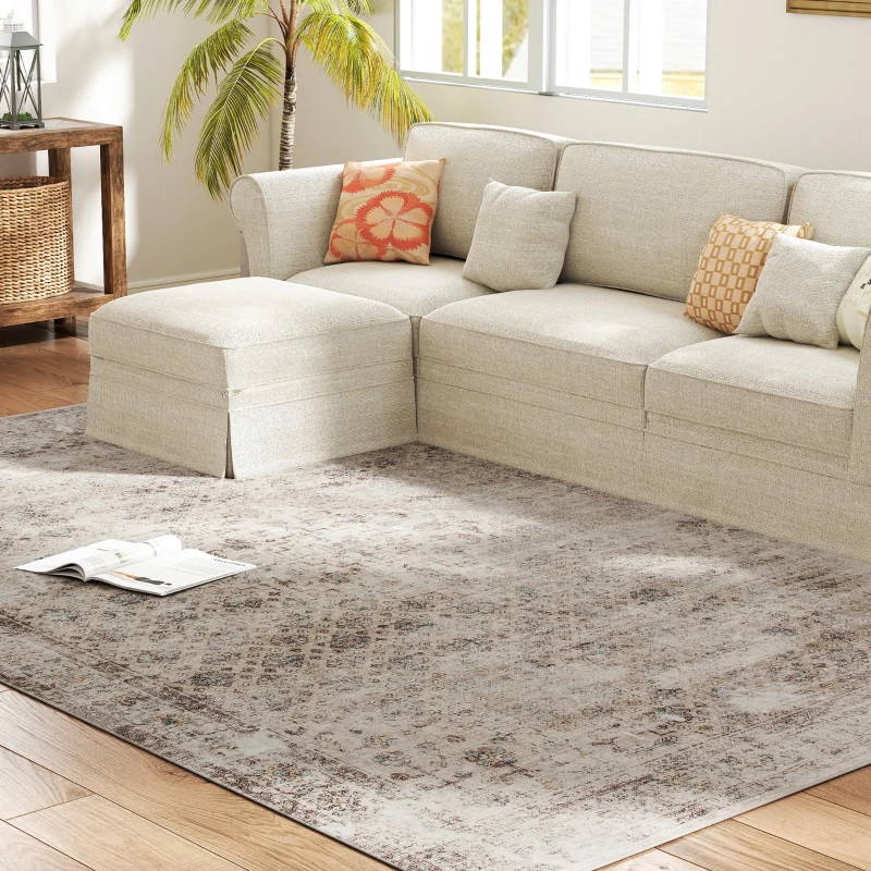 HOMCOM Machine Washable Area Rug 8x10, Non-Slip Traditional Floor Carpet for Living Room, Bedroom, Light Mixed-Brown