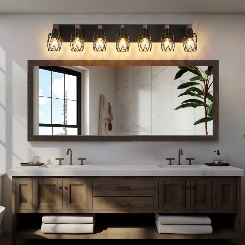 Industrial 7-Light Wall Sconce with Metal Wire Cage Shades, Wooden Accents, Ideal for Bathroom, Hallway, 44" L x 6" W x 8.5" H, Walnut+Black