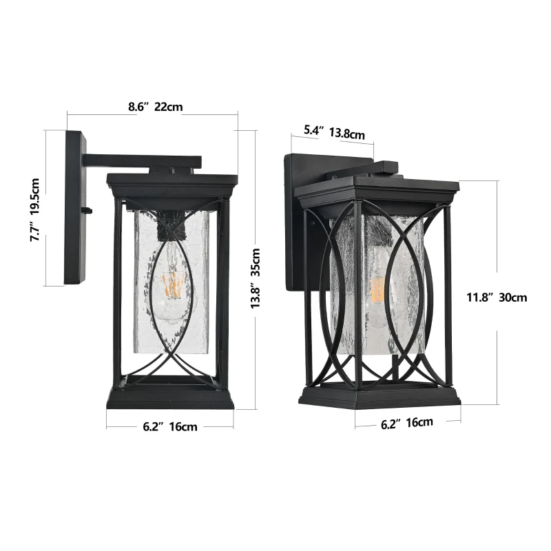 Outdoor Wall Lantern with Crackled Glass, Weather-Resistant Exterior Light Fixture for Porch, Patio, Entryway, 6.5" L x 8.5" W x 14" H, Black