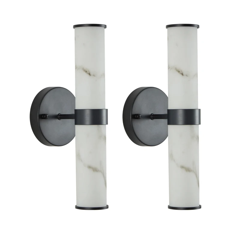 Set of 2 Resin Marble Texture Wall Lights with Iron Metal Frame, Elegant Lighting Fixtures for Hallways, Bedrooms, 5" L x 5.5" W x 14" H, Black