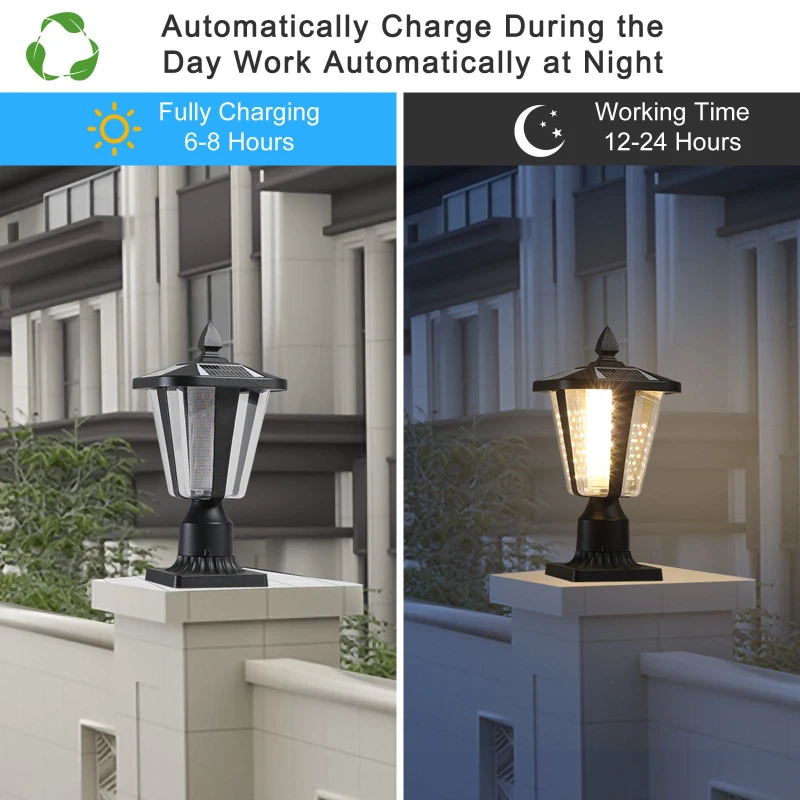 2-Pack Solar Powered Outdoor Lantern with LED, Modern Garden Light for Pathways, Yards, and Driveways, 8" L x 8" W x 15" H, Black