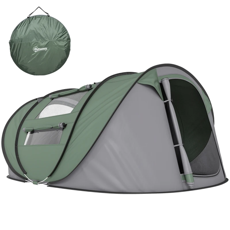 Outsunny 4 Person Camping Tent, Easy Pop Up Tent with Doors, Windows and Carry Bag, Automatic Setup Tent for Hiking, Dark Green