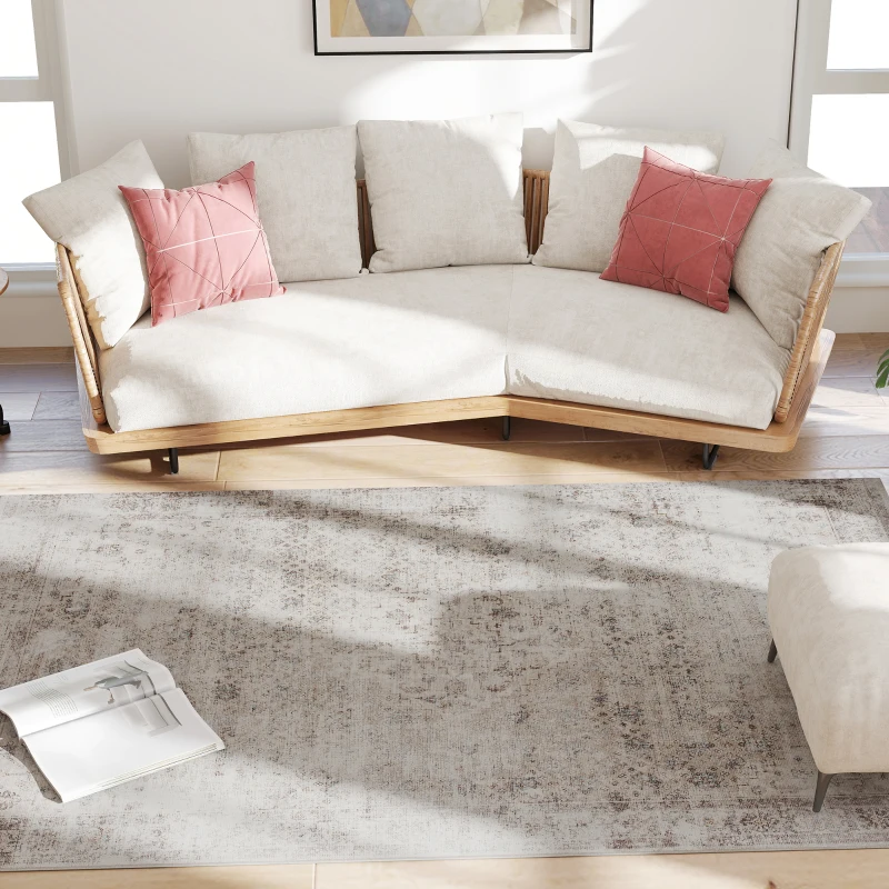 HOMCOM Machine Washable Area Rug 5x7, Non-Slip Traditional Floor Carpet for Living Room, Bedroom, Light Mixed-Brown