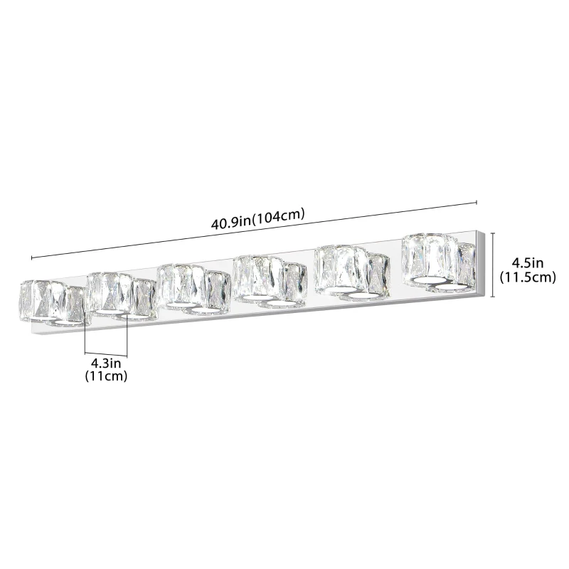 Modern 6-Light LED Wall Sconce with Clear Crystal Shades, Built-In LED Lighting, Elegant Bathroom Vanity Light, 41" L x 4.5" W x 4.5" H, Silver