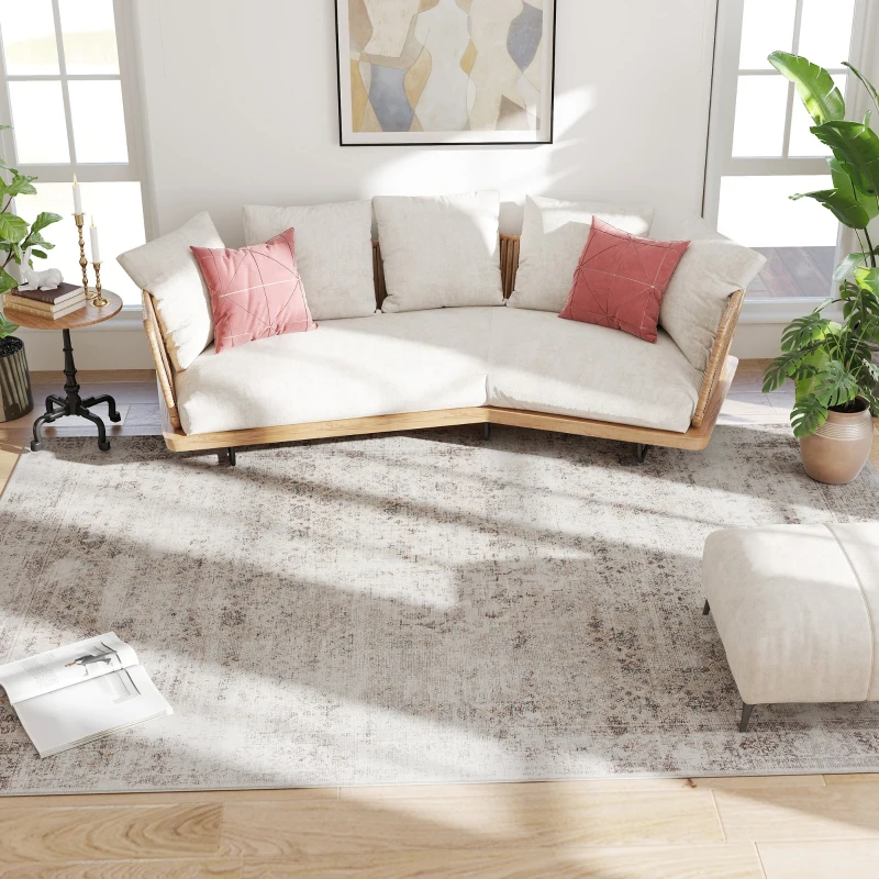 HOMCOM Machine Washable Area Rug 8x10, Non-Slip Traditional Floor Carpet for Living Room, Bedroom, Light Mixed-Brown